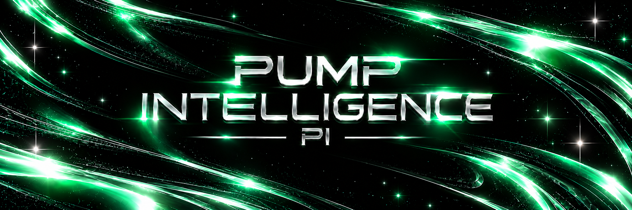 Pump Intelligence PI in silver lettering, surrounded by bright emerald light trails